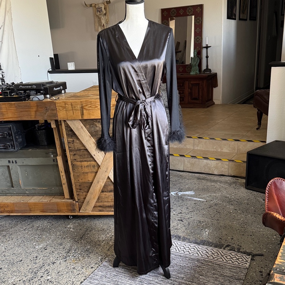 New Black Satin Robe with Ostrich Feather Cuffs Sheer Sleeves - Picture 1 of 6